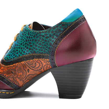 Patchwork leather vintage high heeled lace up brogues & shoes for women