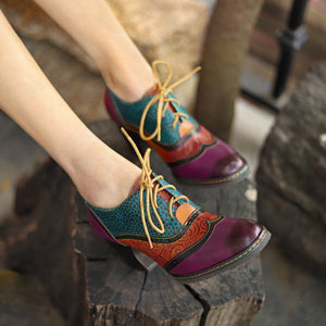 Patchwork leather vintage high heeled lace up brogues & shoes for women