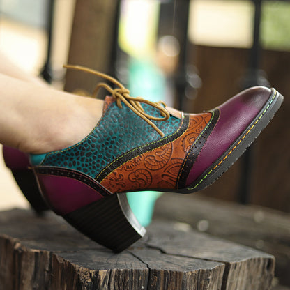 Patchwork leather vintage high heeled lace up brogues & shoes for women
