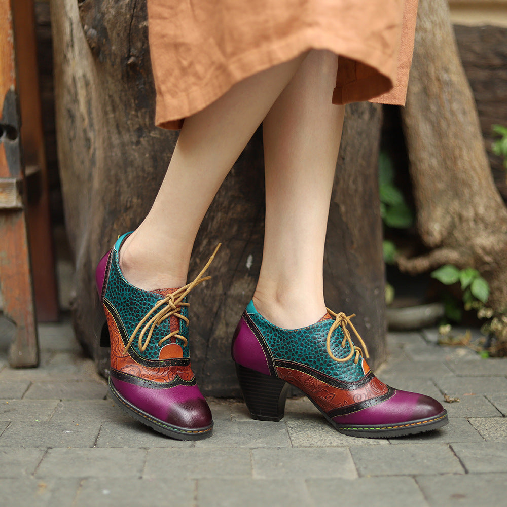 Patchwork leather vintage high heeled lace up brogues & shoes for women