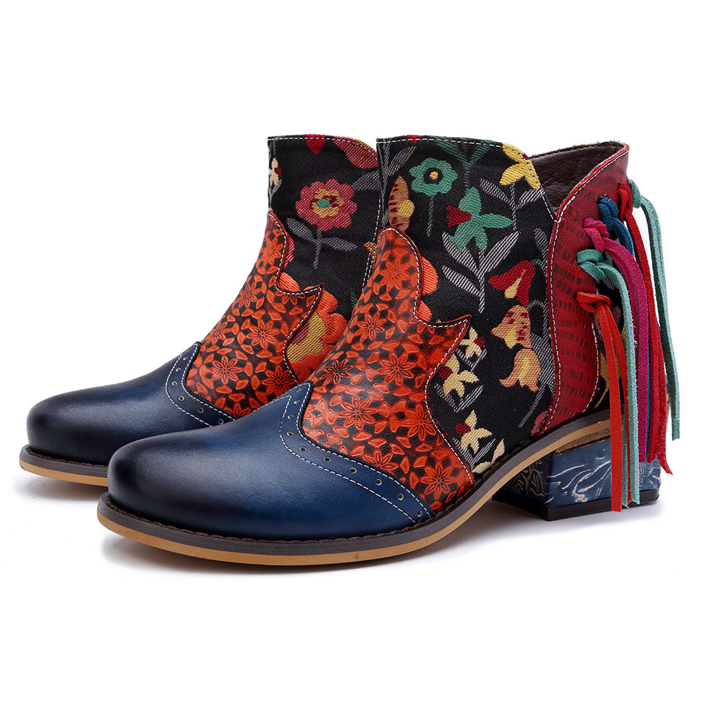 Splicing pattern women's leather ankel tassel gypsy boho exotic boots