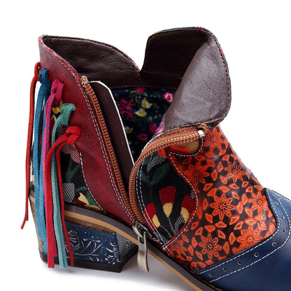 Splicing pattern women's leather ankel tassel gypsy boho exotic boots