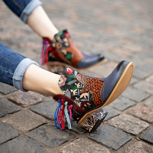 Splicing pattern women's leather ankel tassel gypsy boho exotic boots