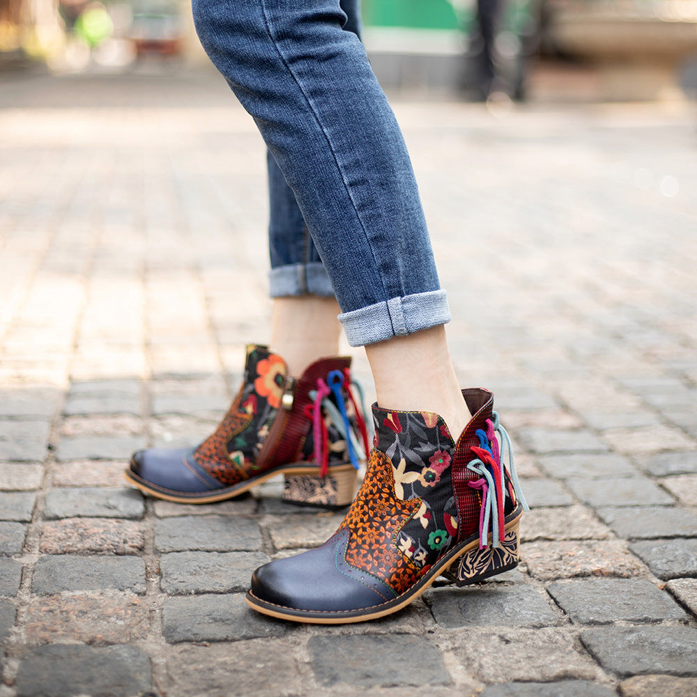 Splicing pattern women's leather ankel tassel gypsy boho exotic boots