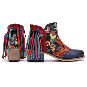 Splicing pattern women's leather ankel tassel gypsy boho exotic boots