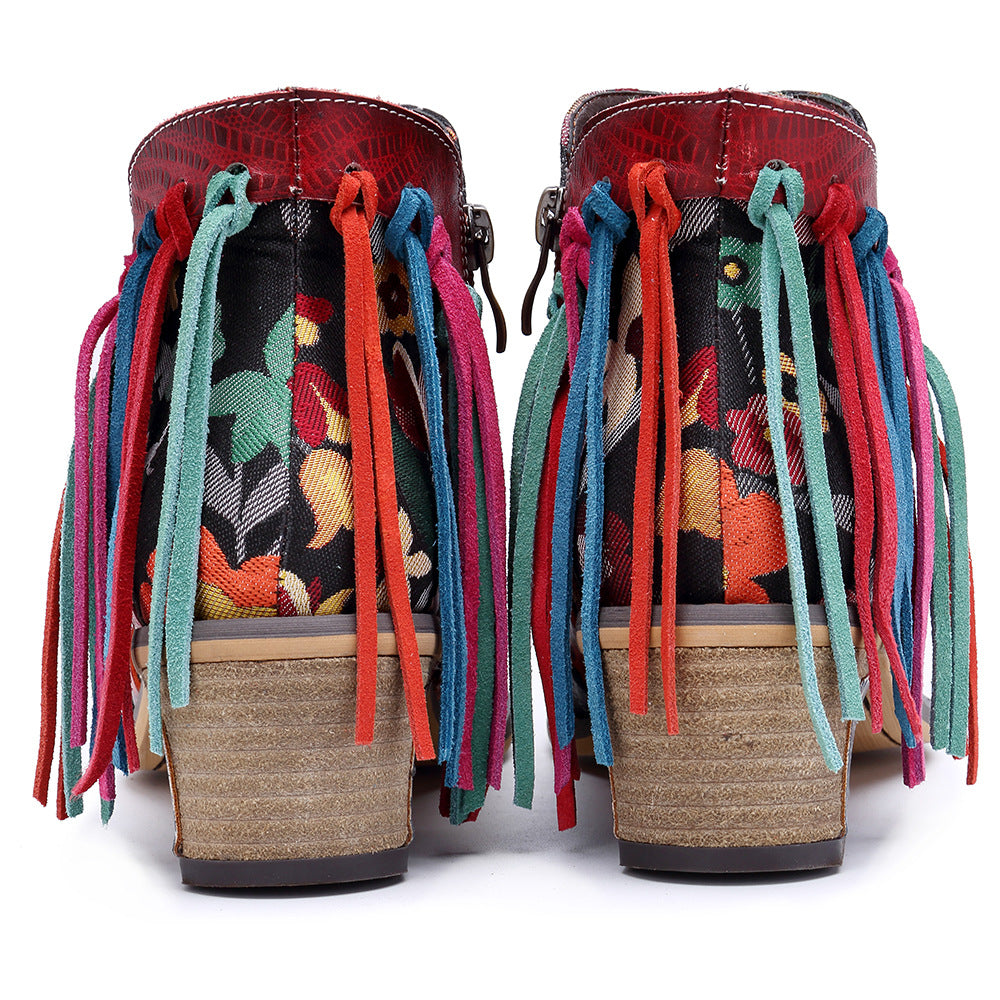 Splicing pattern women's leather ankel tassel gypsy boho exotic boots