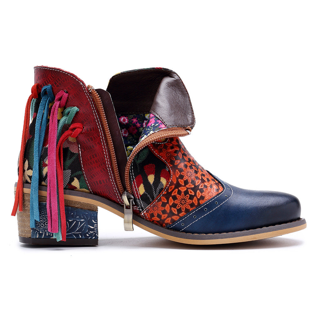 Splicing pattern women's leather ankel tassel gypsy boho exotic boots