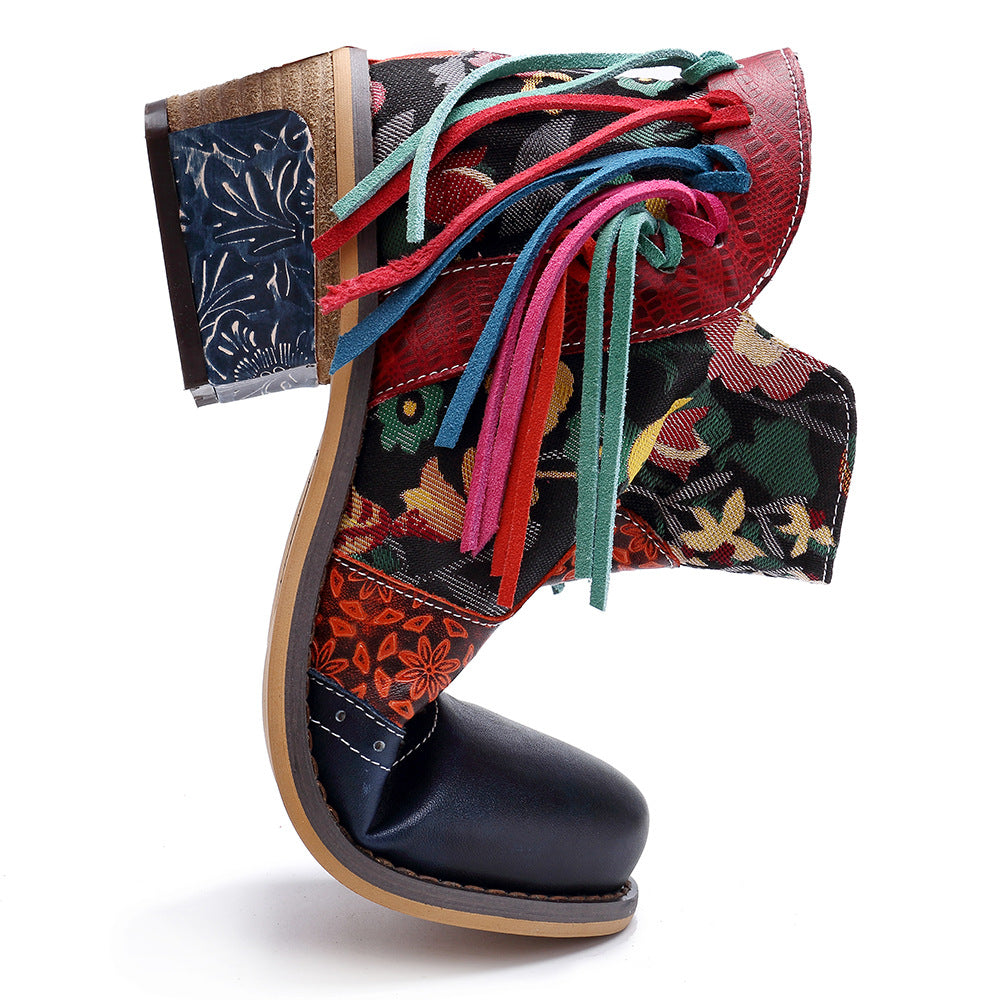 Splicing pattern women's leather ankel tassel gypsy boho exotic boots