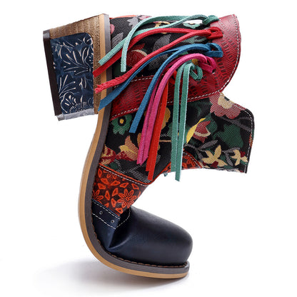 Splicing pattern women's leather ankel tassel gypsy boho exotic boots