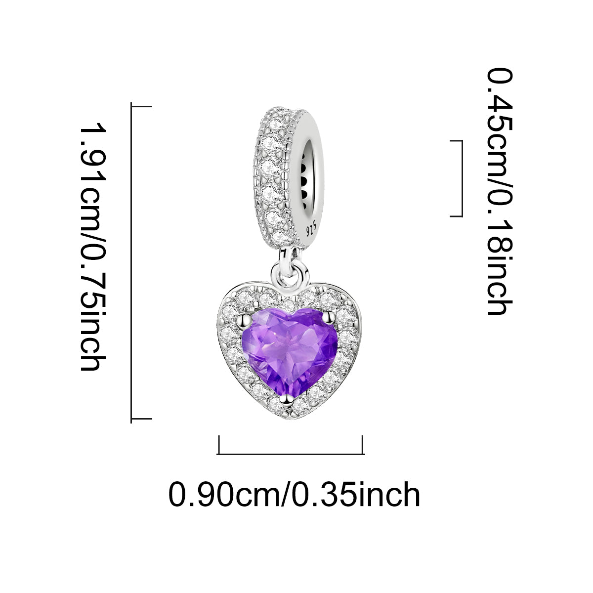 925 Sterling silver heart  charm bead
