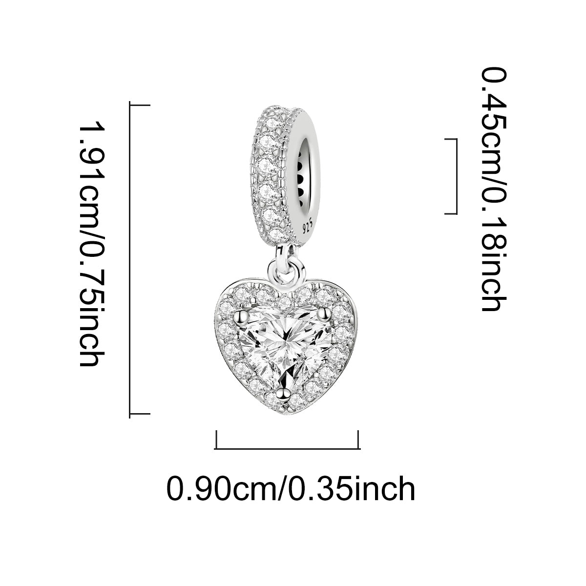 925 Sterling silver heart  charm bead
