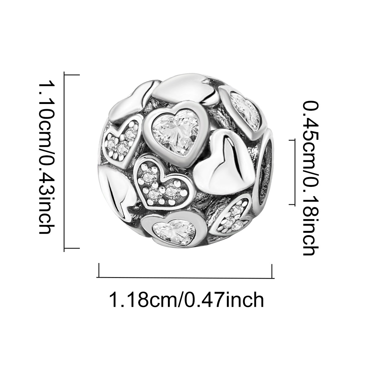 925 Sterling silver heart  charm bead