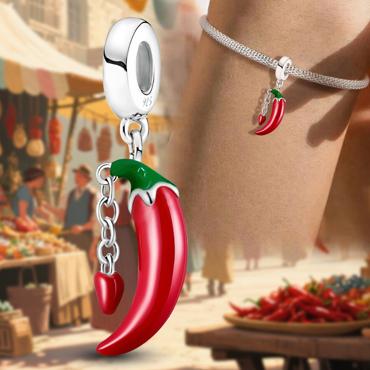 925 Sterling silver chili charm bead